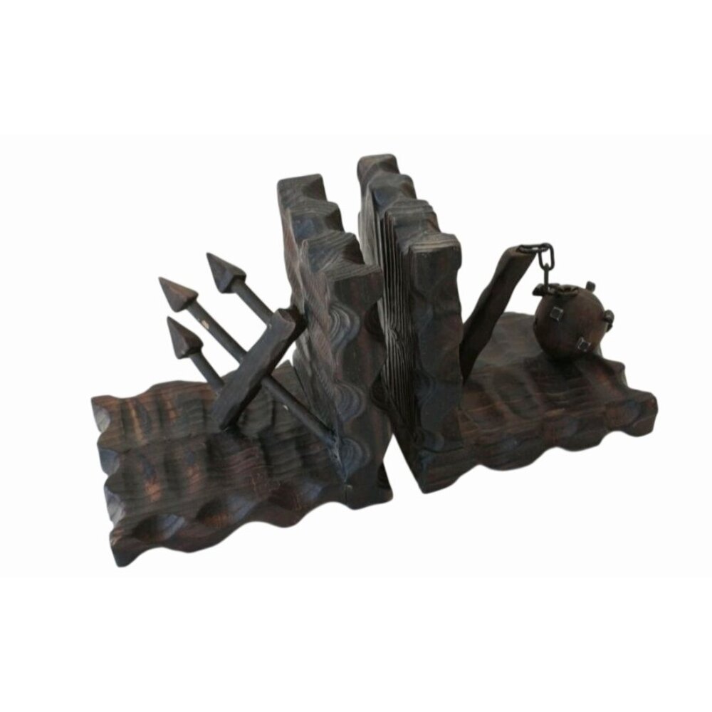 Medieval-Inspired Dark Wood Bookends With Spiked Ball & Arrow Accents